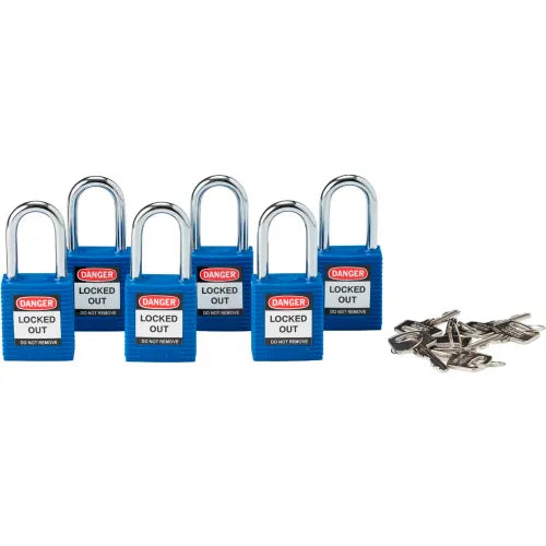 Brady® 150891 Safety Padlock With Label, Keyed Alike, Blue, Plastic Covered Steel, 6/Pack