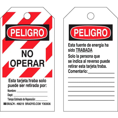 Brady® 98219 Lockout Tag- Peligro No Operar, Spanish, 2 Sided, Polyester, 25/Pack