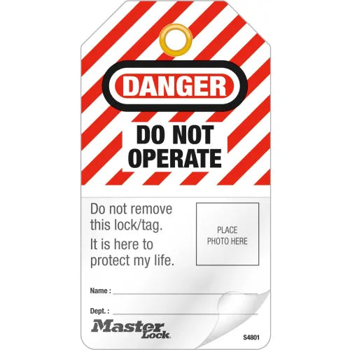 Master Lock® Safety "Do Not Operate", Photo ID Lockout Tags, Self-Laminating, Pkg Qty 12, S4801