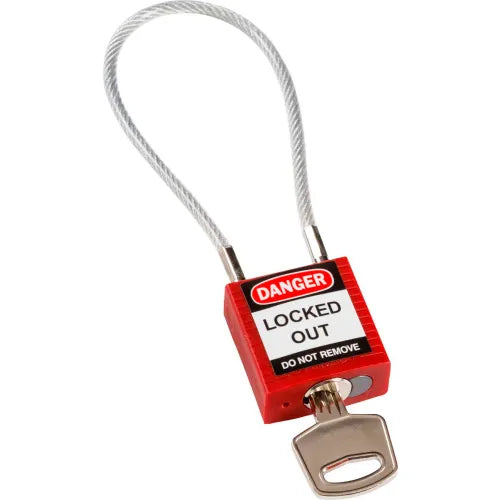 Brady&#174; 146120 Cable Safety Padlock With Label, 4-3/16&quot;H Clearance Steel Cable, Red