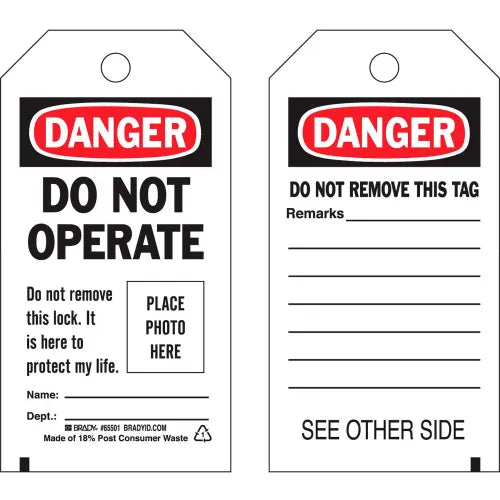 Brady&#174; 65501 Lockout Tag- Danger Do Not Operate, Self-Laminating, Economy, Polyester, 10/Pack