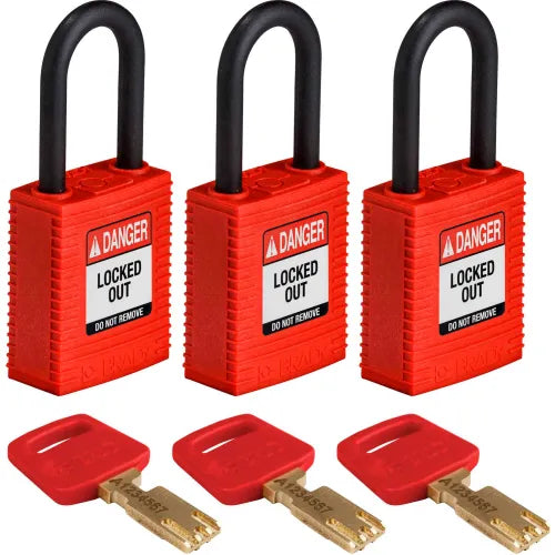 Brady&#174; NYL-RED-38PL-KA3PK Brady SafeKey Lockout Padlock Nylon 1.5&quot; Plastic Shackle Keyed Alike