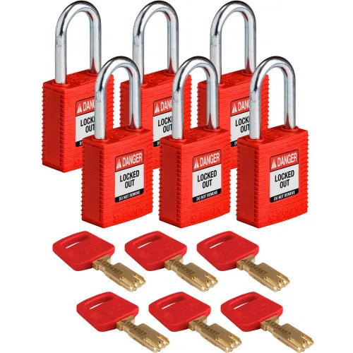 Brady&#174; NYL-RED-38ST-KD6PK Brady SafeKey Lockout Padlock Nylon 1.5&quot; Steel Shackle Key Different